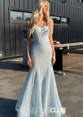 June | Mermaid Spaghetti Straps Light Pink Sequin Long Prom Dress - Price #price_variant_lowest# - Light Blue - PromDressClub